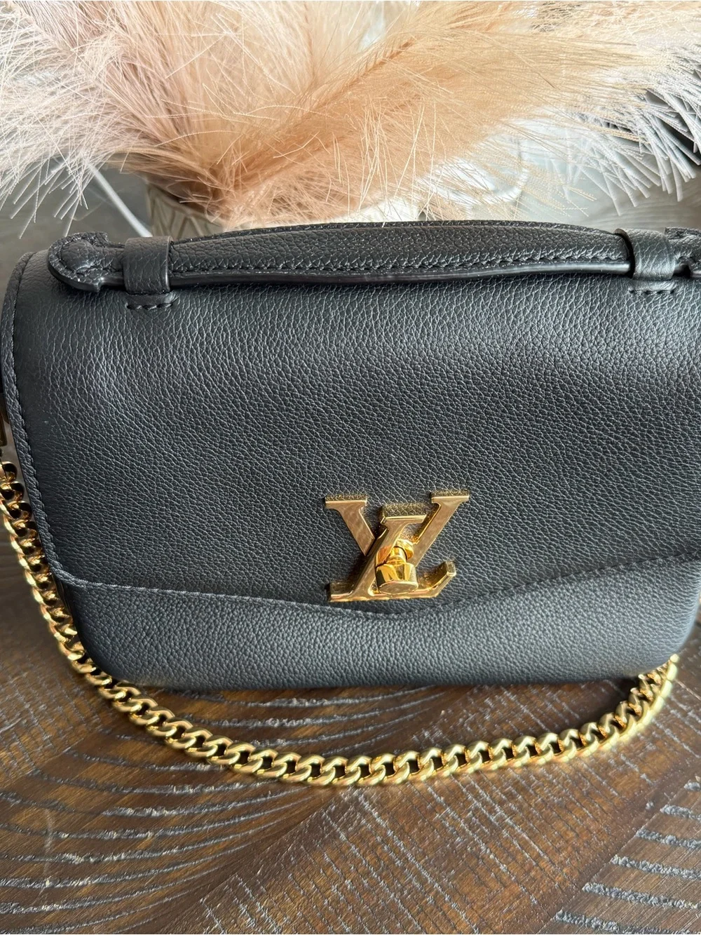 Louis Vuitton Black Crossbody with Gold LV Logo and Chain